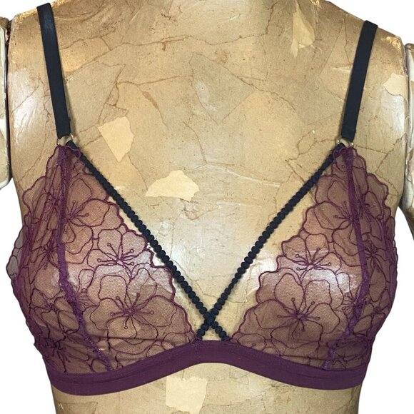 Topshop Floral Scalloped Lace Mesh Bra Burgundy & Black Sz 8 #38M - Picture 1 of 8